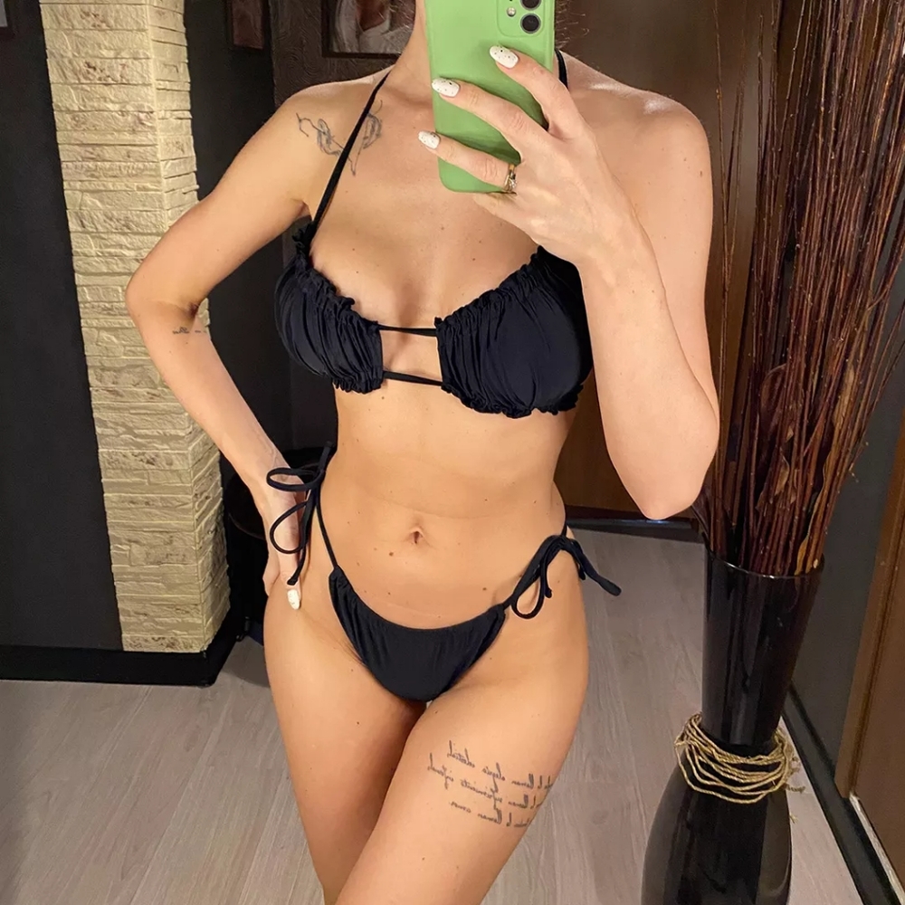 Black Ruched Top and Brazilian Bottom Bikini Set - Picture 3 of 7